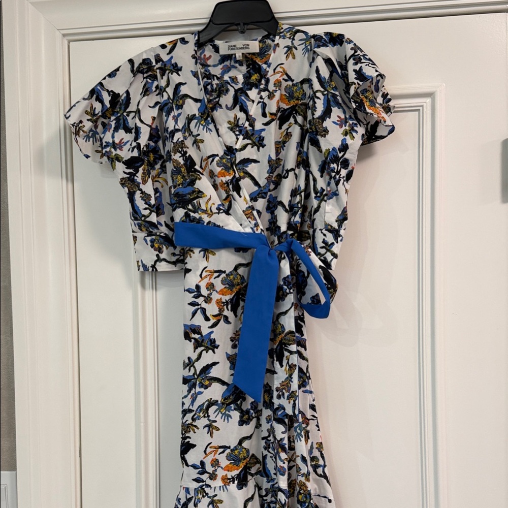 Diane Von Furstenberg faux wrap Asymmetrical Dress Blue multi bird Floral Print